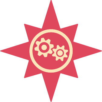 Icon: Two cogs within an 8 point star, pink