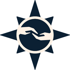Sun star Dawn of Hope logo shape containing the image of two hands reaching for one another as to represent fellowship