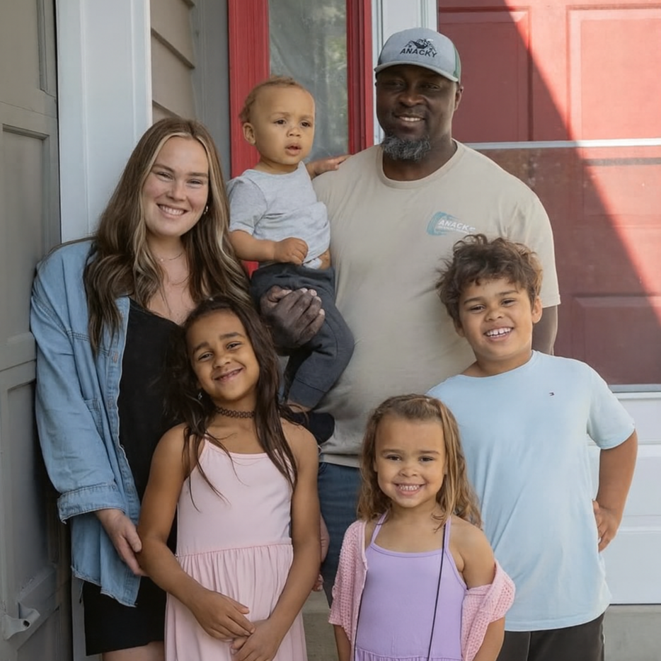 A family of six, including adults and children, smiling and posing together outside a house.
