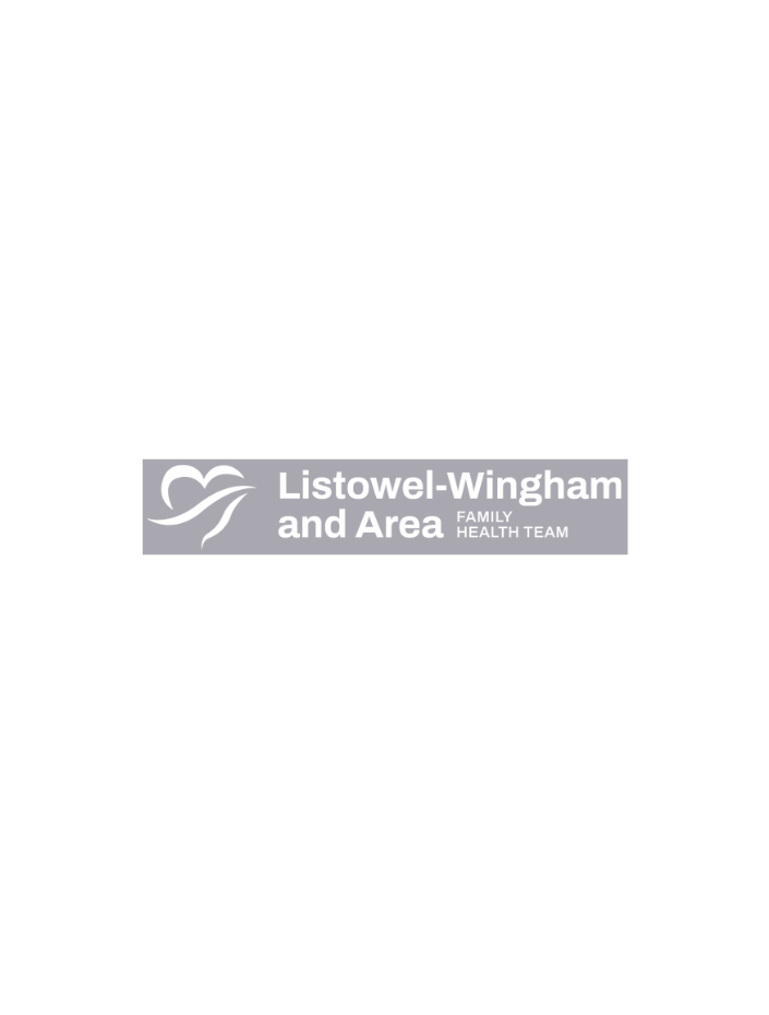 Black and white flyer with a gray banner at the bottom that has a heart-shaped logo and text reading "Listowel-Wingham and Area Family Health Team."