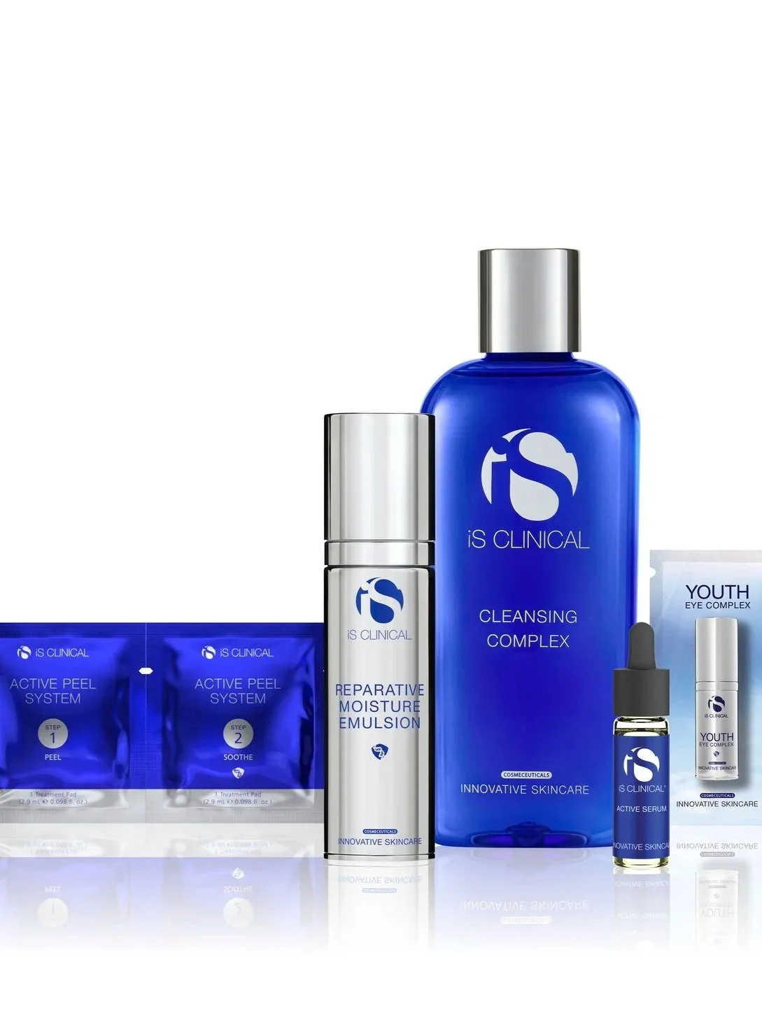 iS Clinical gift set product shot with Cleansing Complex, Reparative Moisture Emulsion, Active Serum, Active Peel System and Youth Eye Complex