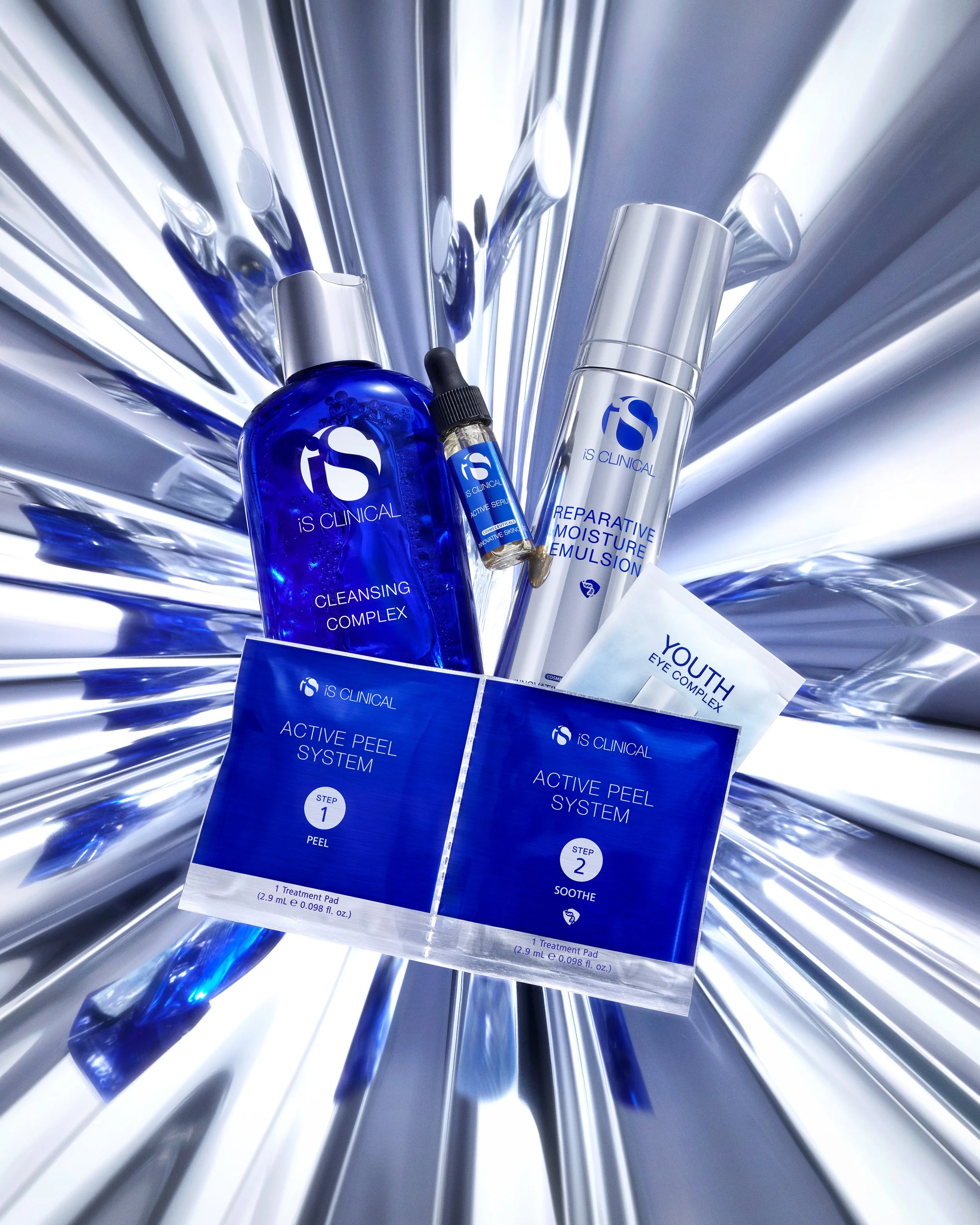iS Clinical Radiance Collection skincare gift set with Cleansing Complex, Reparative Moisture Emulsion, Active Serum, Active Peel System and Youth Eye Complex