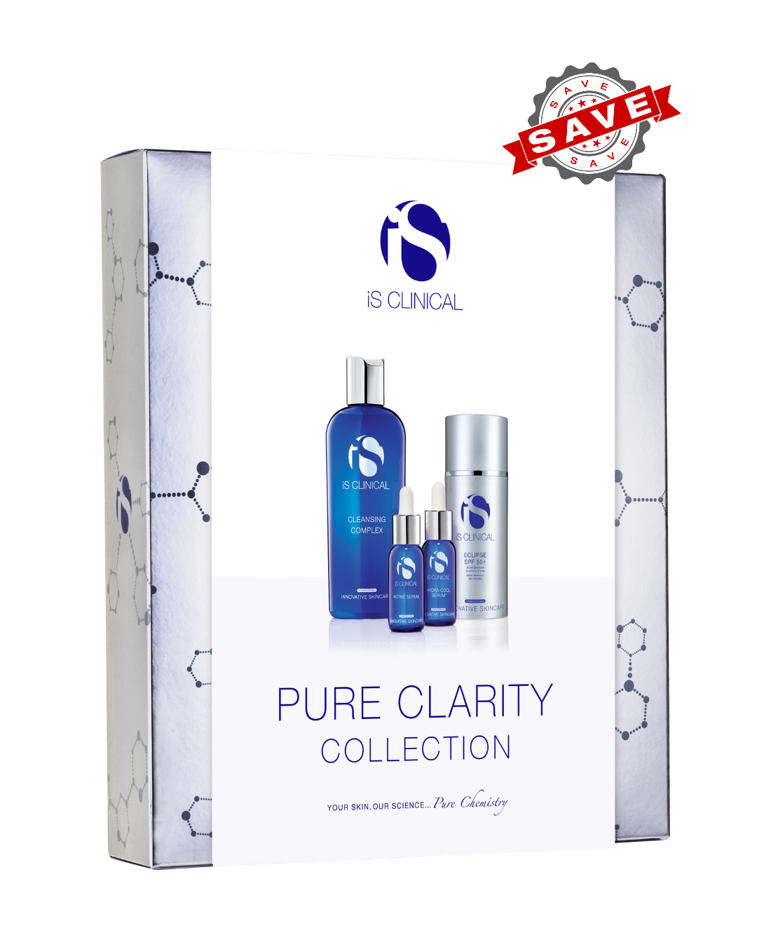 iS Clinical Pure Clarity Collection skincare gift set for acne and blemish-prone skin with save sticker