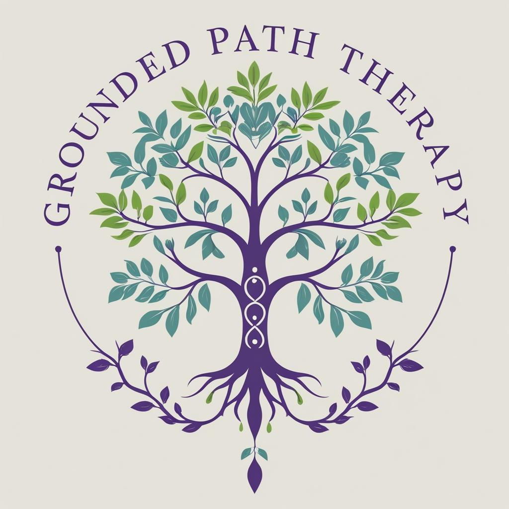 A stylized tree with purple branches and green and teal leaves, encircled by the words "GROUNDED PATH THERE A**Y" in purple uppercase letters.