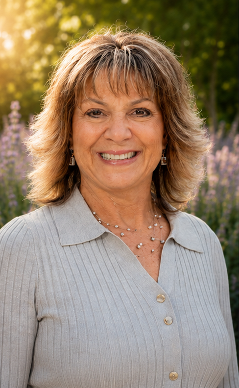 Smiling middle-aged woman with shoulder-length wavy hair, wearing a light-colored button-up shirt and jewelry, outdoors with sunlight and purple flowers in the background.
