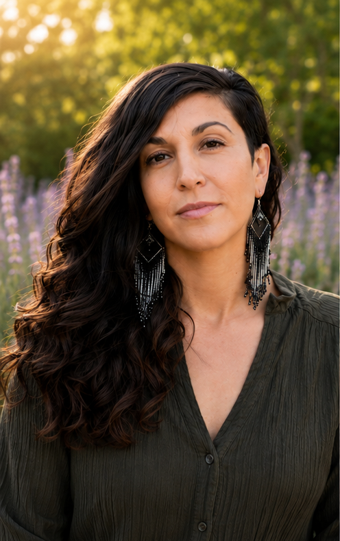 A young woman with dark, wavy hair sitting outdoors on wooden steps surrounded by greenery and flowers, wearing a colorful striped sweater and long earrings.