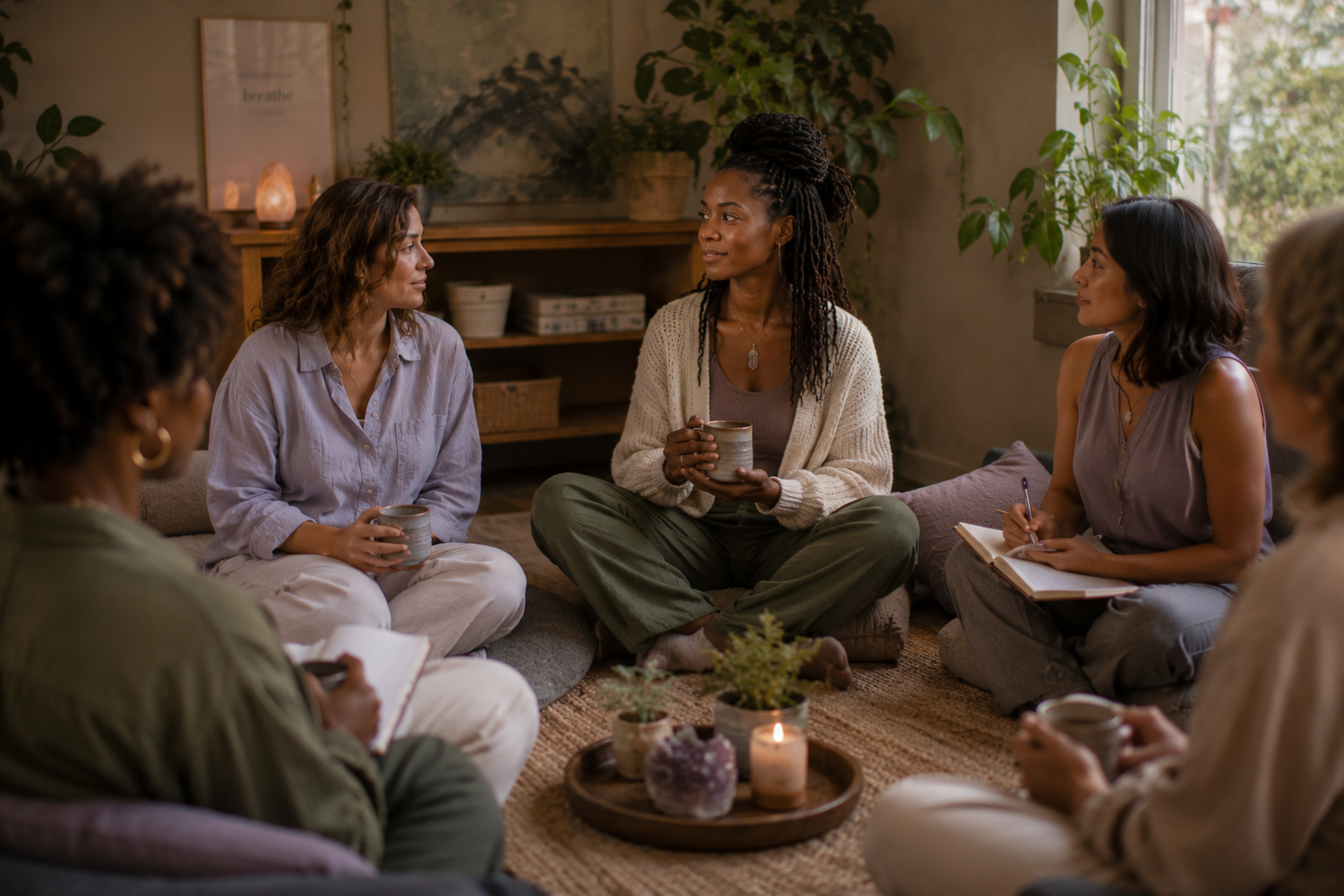 A diverse group of women sitting on the floor in a circle, having a supportive discussion in a cozy, well-lit living room with plants and candles.