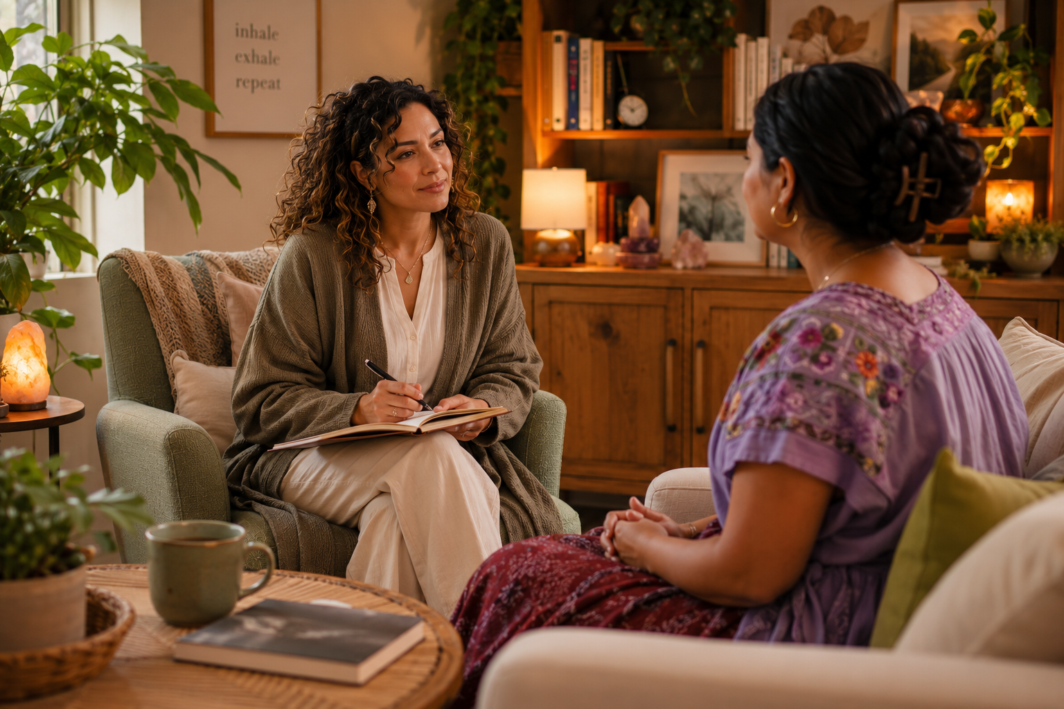 Two women having a conversation in a cozy living room, one is taking notes and the other listens attentively.