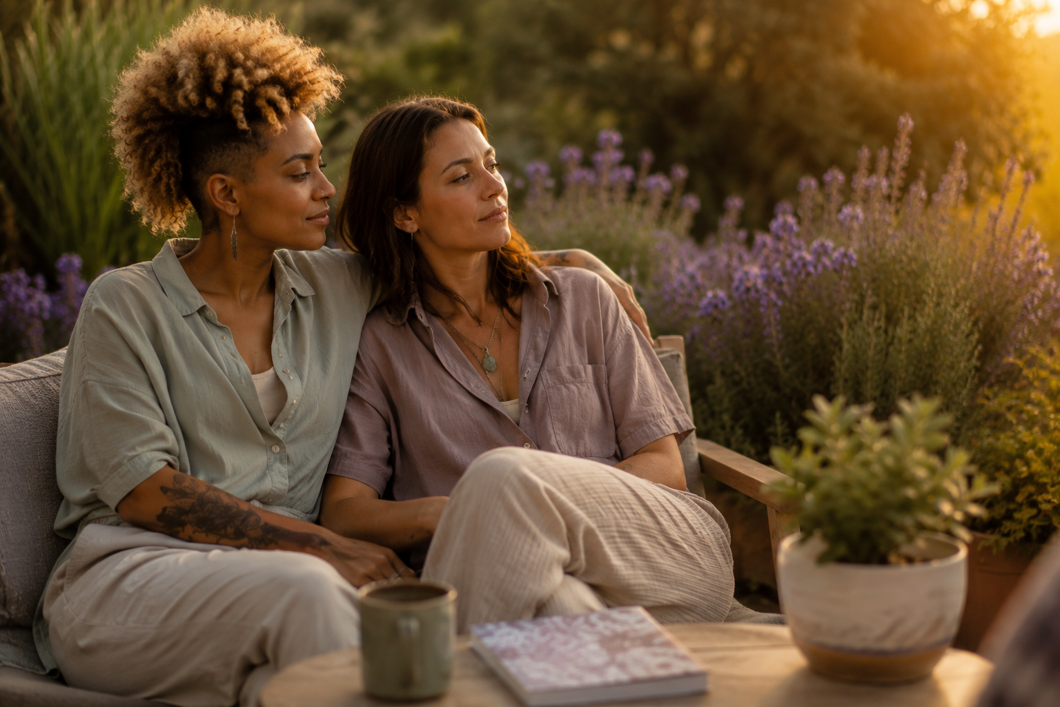 Two women sitting closely on a porch during sunset, surrounded by plants and flowers.