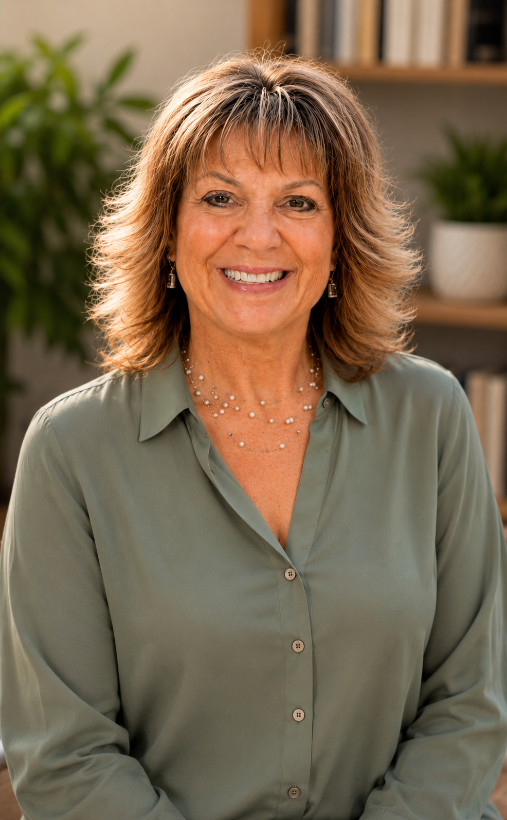 Smiling middle-aged woman with shoulder-length wavy hair, wearing a light-colored button-up shirt and jewelry, outdoors with sunlight and purple flowers in the background.