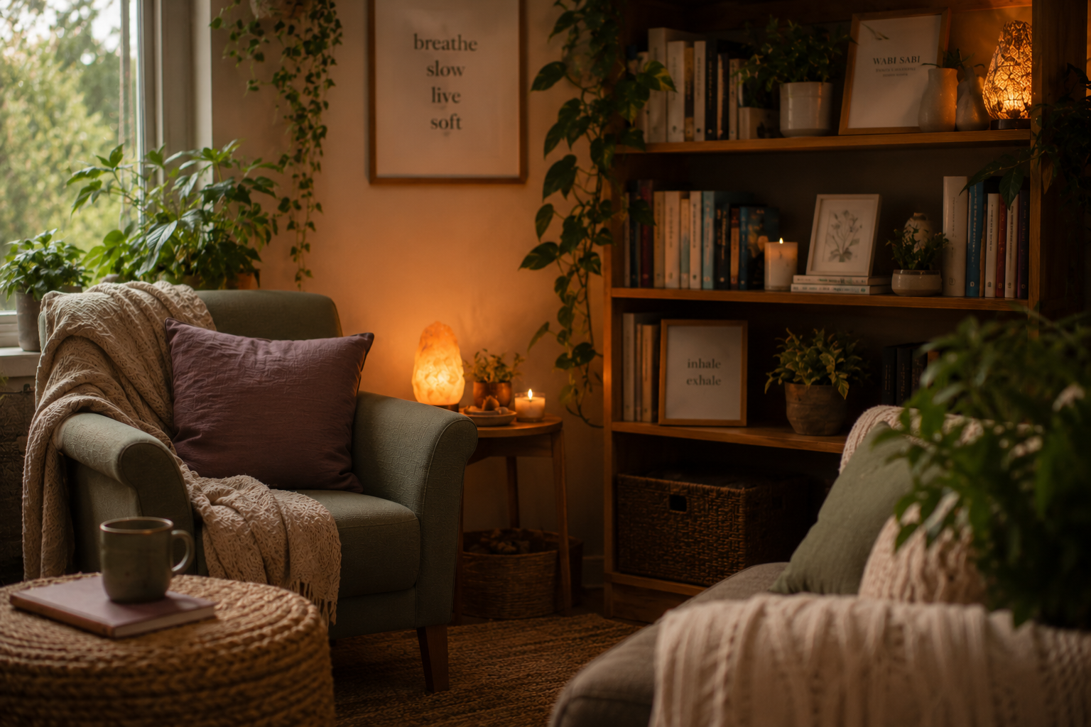 Cozy living room with a green armchair, purple cushion, and blanket. A wooden side table with salt lamp, candle, and plant. Bookshelf with books, framed art, plants, and candles. Warm lighting creates a relaxing atmosphere.