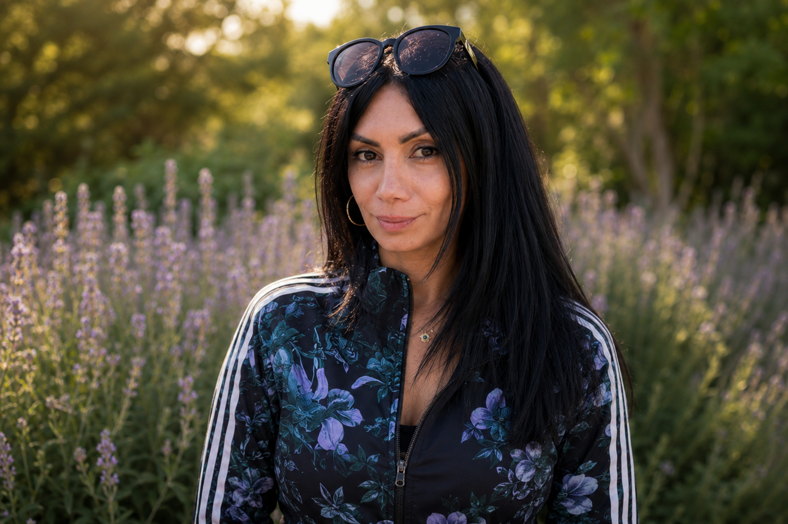 A woman with black hair wearing sunglasses on her head, hoop earrings, a floral jacket, and a necklace, standing outdoors in a field of purple flowers with trees in the background during golden hour.