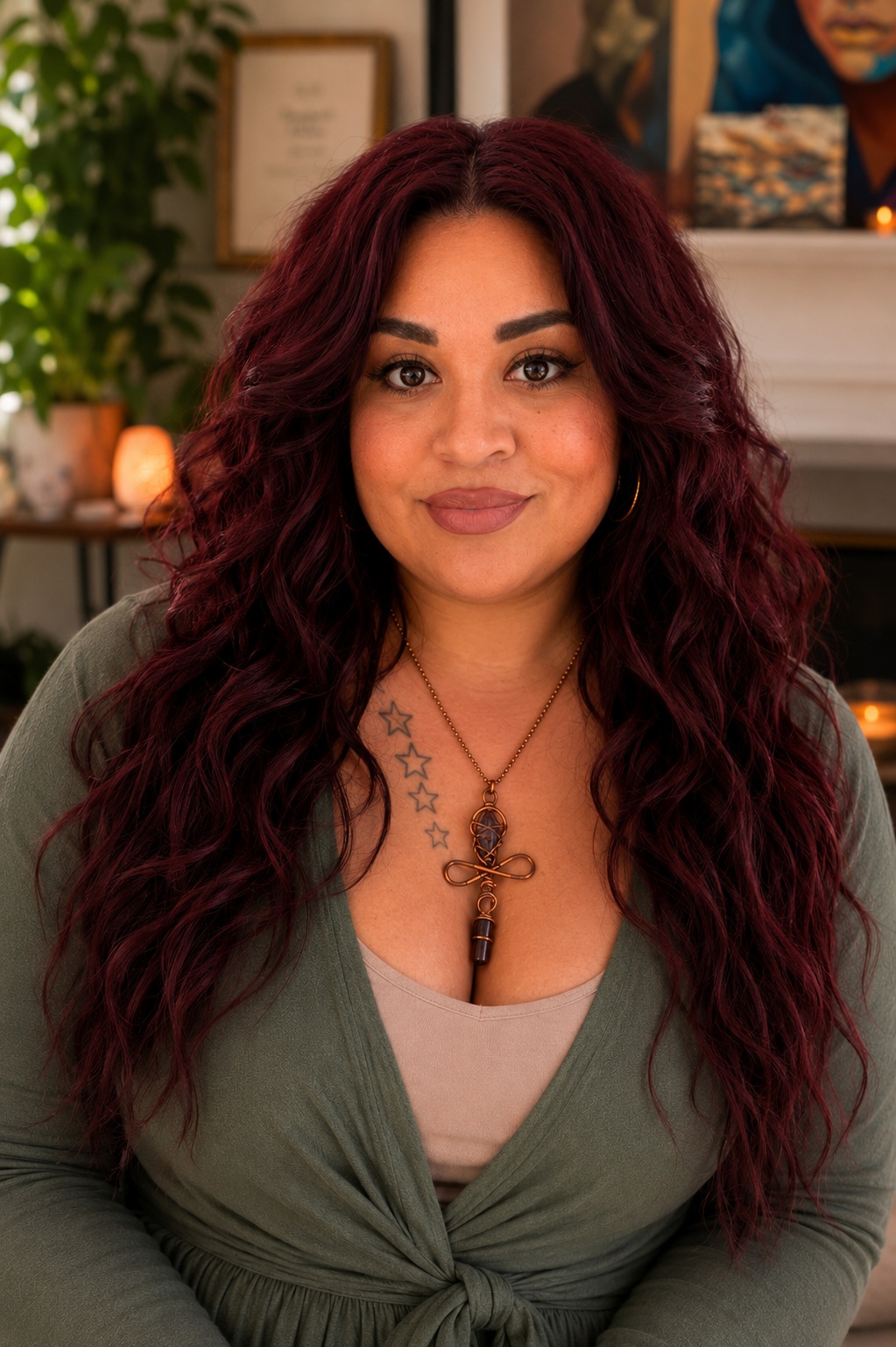 A woman with long, wavy purple hair outdoors, smiling at the camera, wearing a white top and a necklace with a heart-shaped pendant, surrounded by purple flowers and green trees in the background.