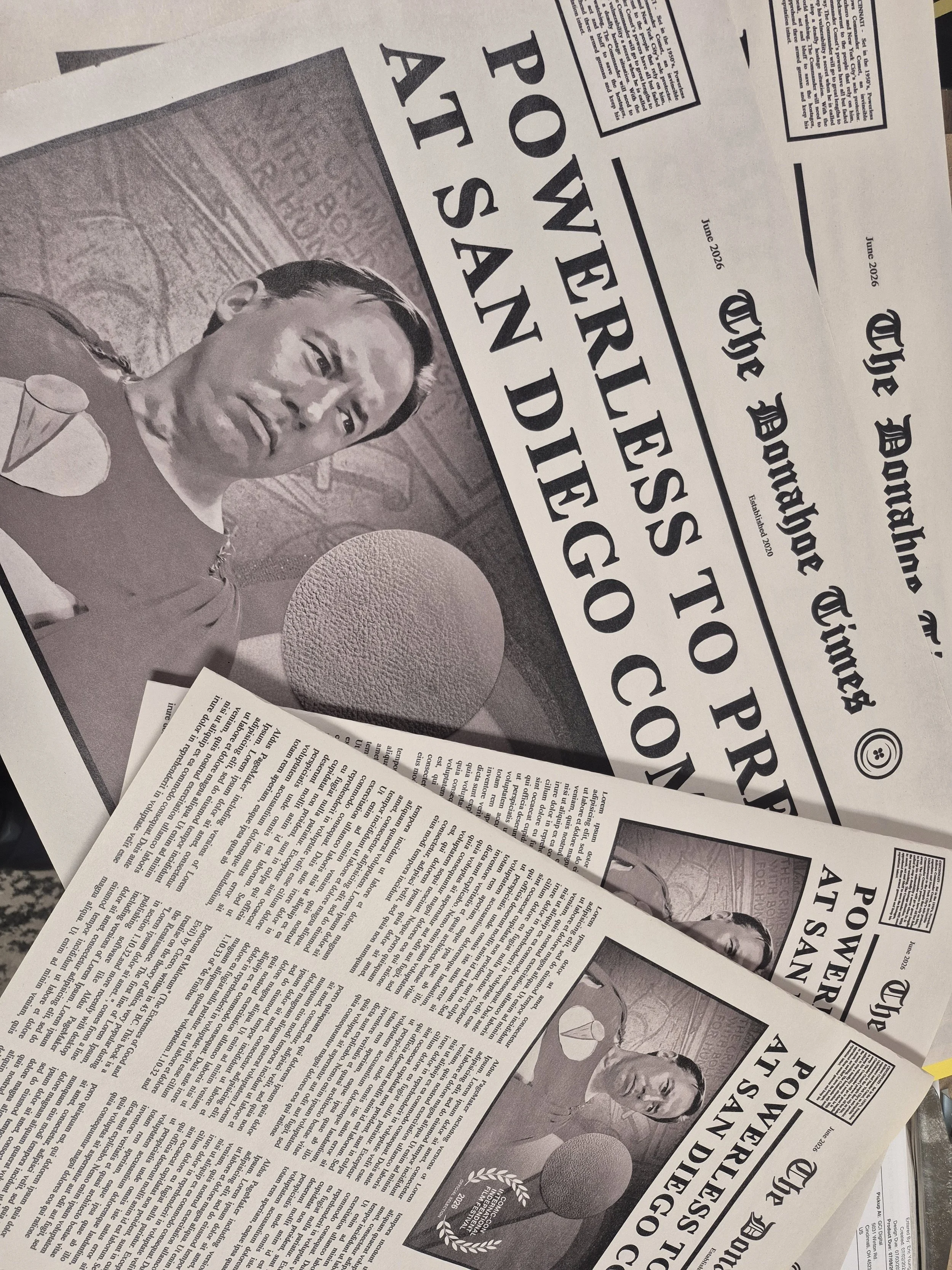 Some newspaper props I made for a friend's short film that premiered at San Diego Comic-con!  He made the initial design, and I modified it to print on our flatbed on real newsprint. 