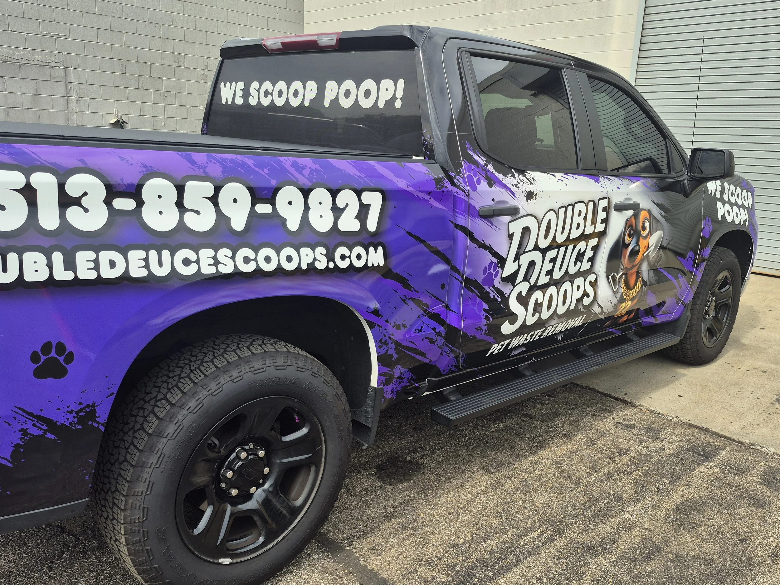 The grunge pattern was a lot of fun to throw together while incorporated paw-prints across the vehicle!  The customer was very kind, responsive, and collaborative on this design.