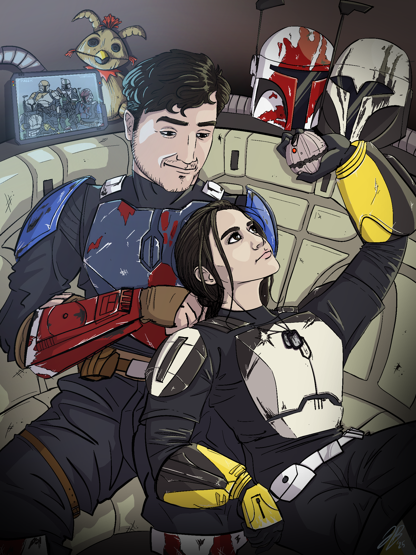 A commission I did for my friends for their Birthday.  They both have custom built Mandalorian cosplays and wanted an illustration of the two of them in character together. 