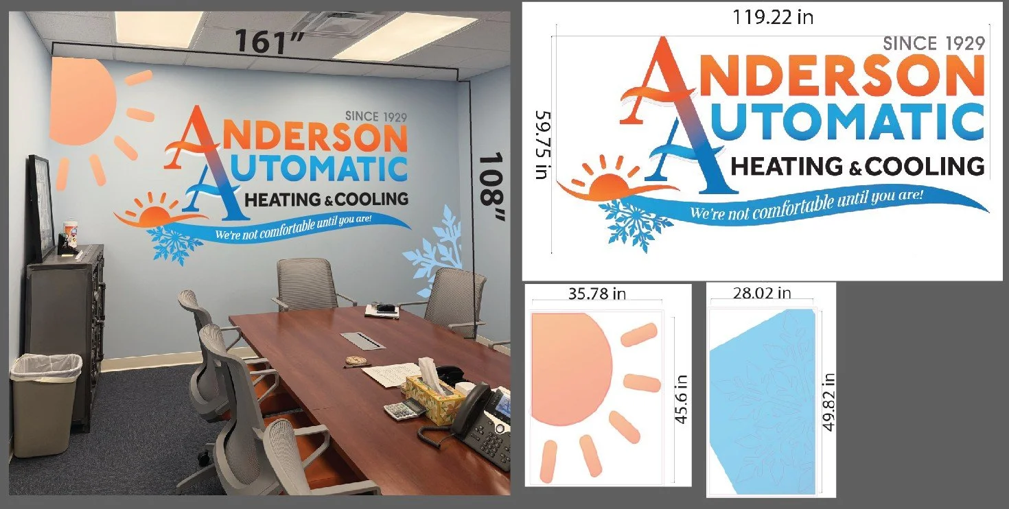 A mockup of a vinyl wall graphic application for Anderson Automatic Heating & Cooling.  This one was a big job from getting info from the customer, measurements from our Installer who took a site survey, and receiving feedback from the customer.   