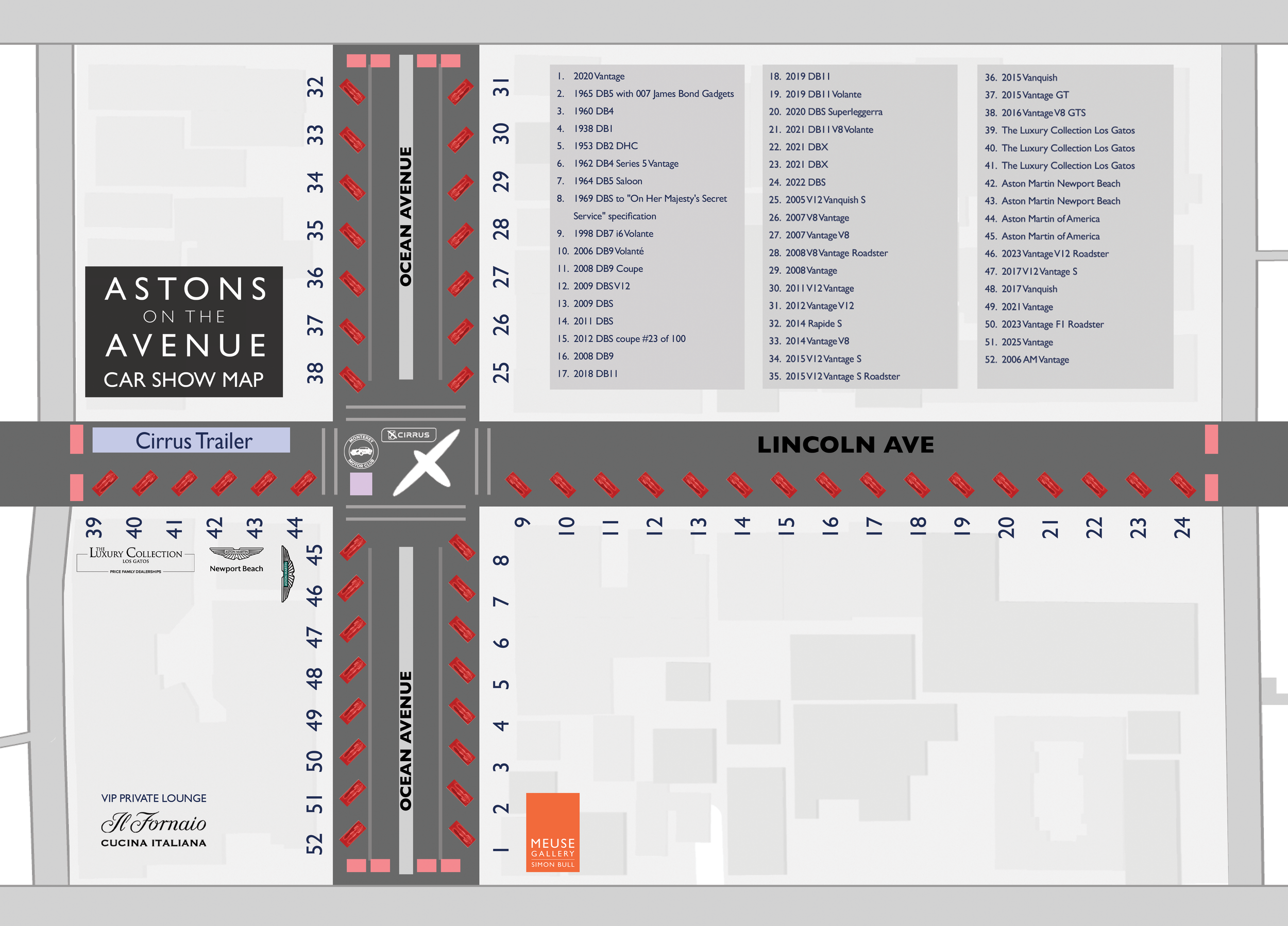Car show map titled 'Aston's on the Avenue Car Show Map.' Displays street layout with parking spaces, specific locations including 'Cirrus Trailer,' 'Luxury Collection Los Gatos,' 'VIP Private Lounge,' and 'Meuse Gallery.' Shows two main streets, Ocean Avenue and Lincoln Avenue, with numbered parking spots, sponsor logos, and information panels.