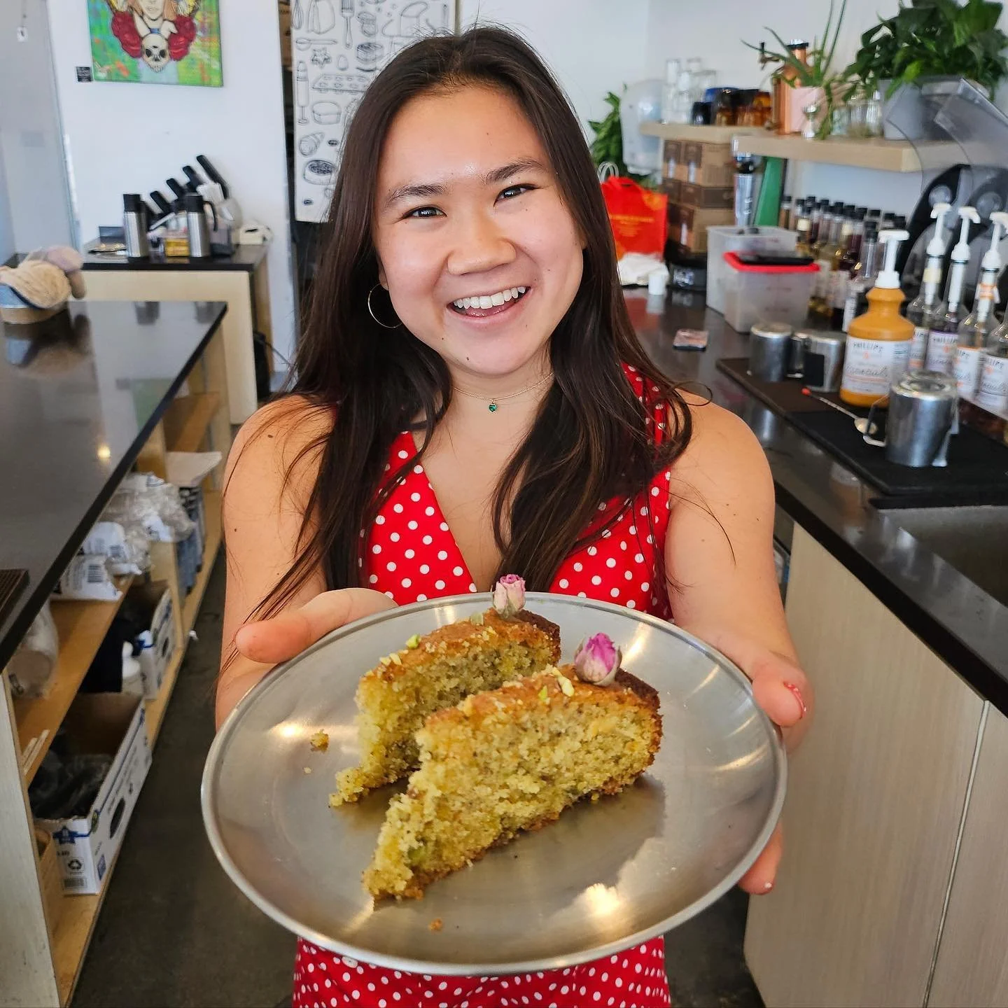 New Spring Special - Pistachio Rose Cake made in house🌸🌷🌹
This delectable Persian Love Cake is gluten free and dairy free with delicate nuttiness from pistachios and a floral freshness from rose water. Well balanced with acidity from Meyer lemons