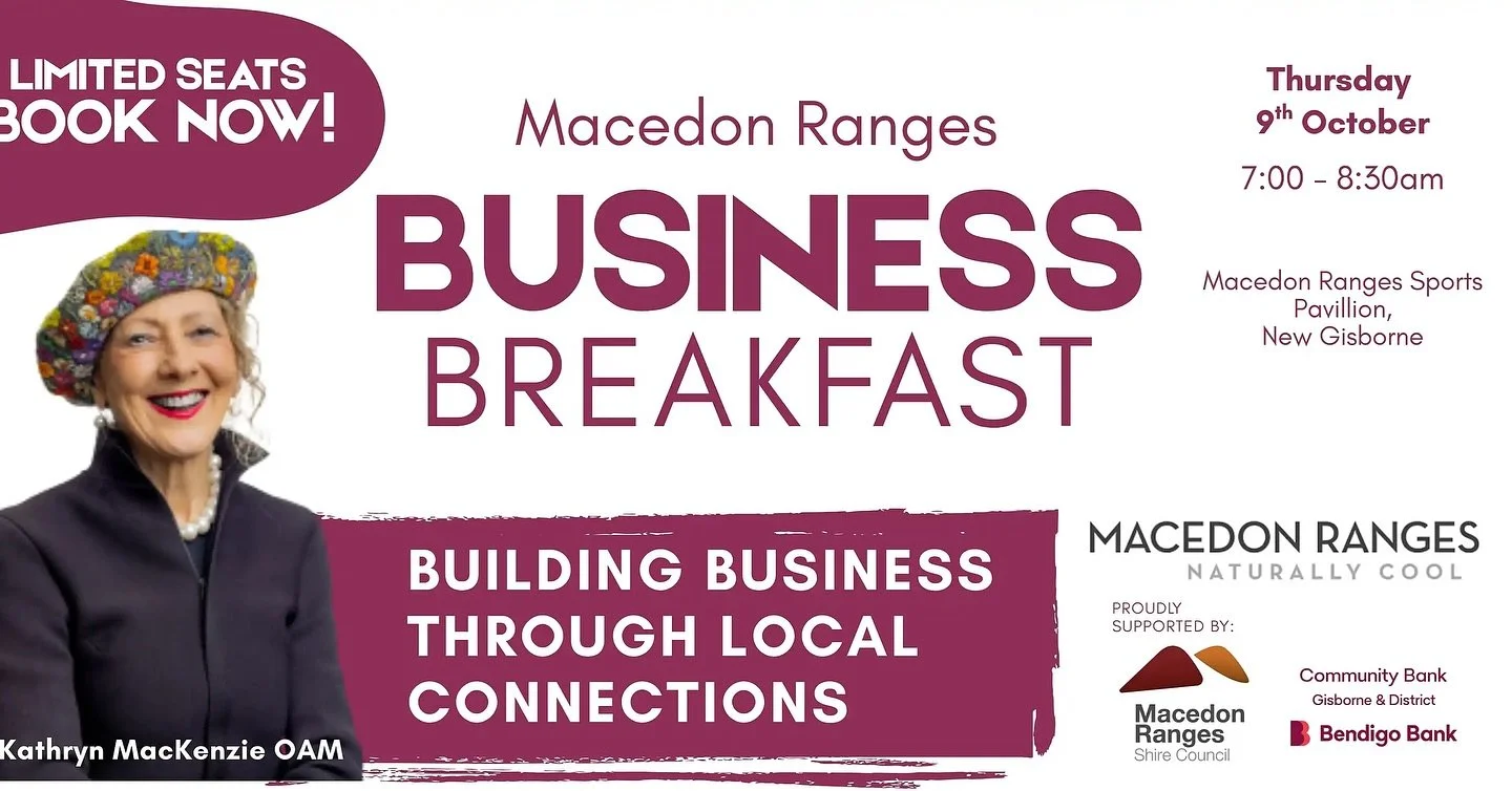 Our colleagues at TMR invite you to the Macedon Ranges Business Breakfast.

Early bird tickets close soon!

Join them for an inspiring business breakfast designed to foster collaboration and generate actionable ideas to strengthen your village, busin