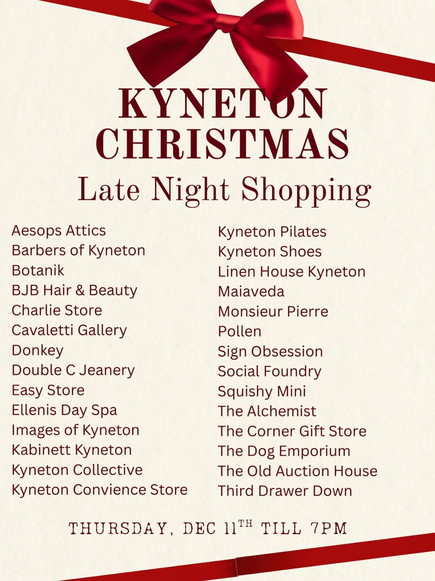 🎄🛍️ 🎁The list of participants is growing! 

If you would like to join in on Kyneton&lsquo;s late -night Christmas trading event, Dec 11th, please send a message to Geraldine from @kynetonshoesandaccessories. 

She is coordinating this initiative a