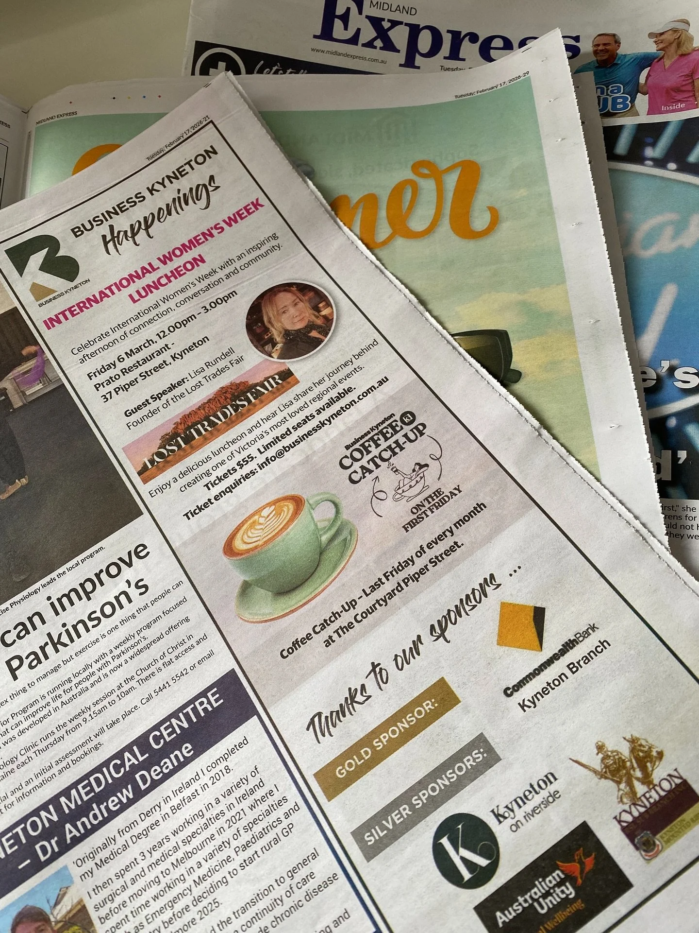 Latest ad in the @midlandexpress with our next two events.

☕️Coffee - Wed 25th Feb from 9am @courtyard.kyneton - no RSVP needed 

🍽️IWD Lunch - Fri 6th March from 12noon @prato_pinsa - ticket link in our Bio

See our recent posts for all the detail