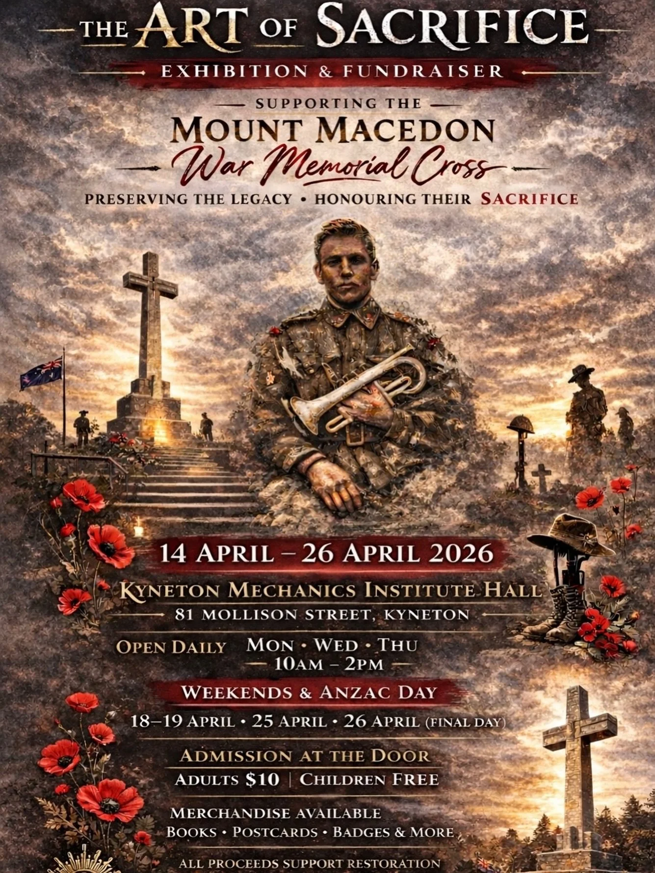 Join the local community organisation @mmmrccom for their fundraising art exhibition ART OF SACRIFICE starting today April 14, located at the Kyneton Mechanics Hall, 81 Mollison St.

All proceeds (entry and merchandise sales) go to the restoration an