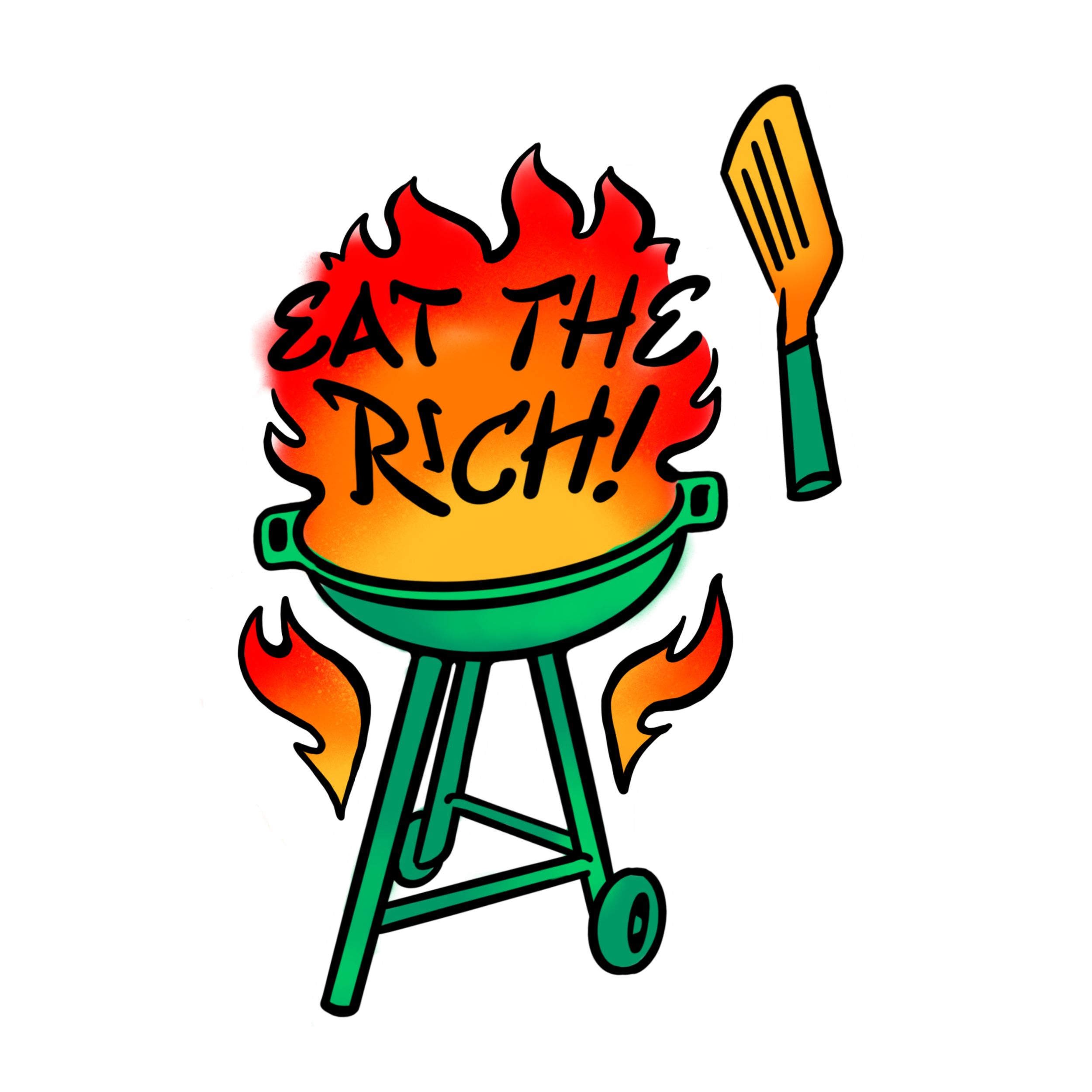 Graphic art of bbq with eat the rich in flames