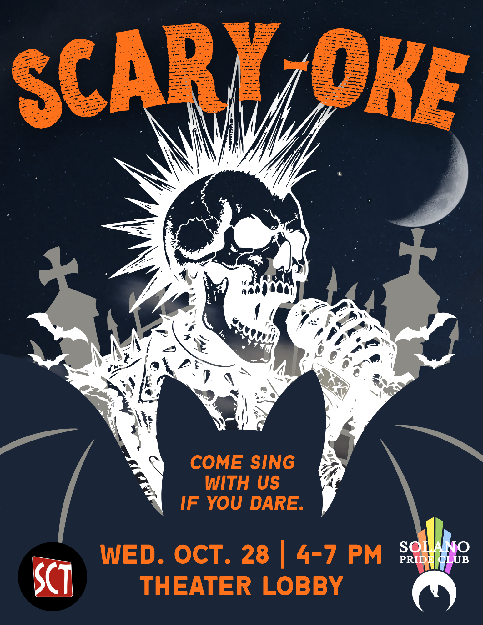 Flyer for Scary-Oke, which shows a punk skeleton with a mohawk singing into a microphone in a graveyard.