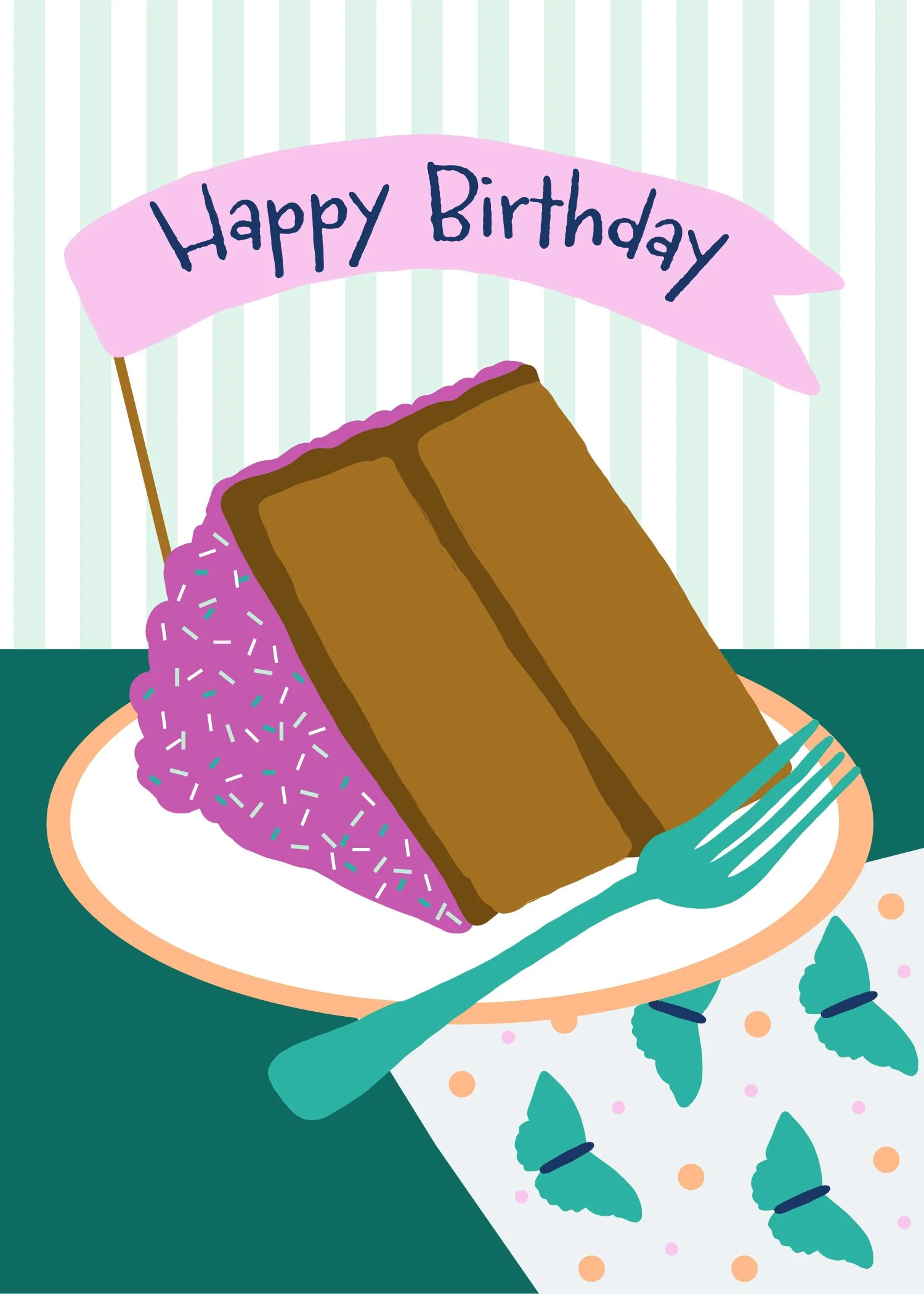 Slice of chocolate cake, happy birthday pink and teal magenta.jpg