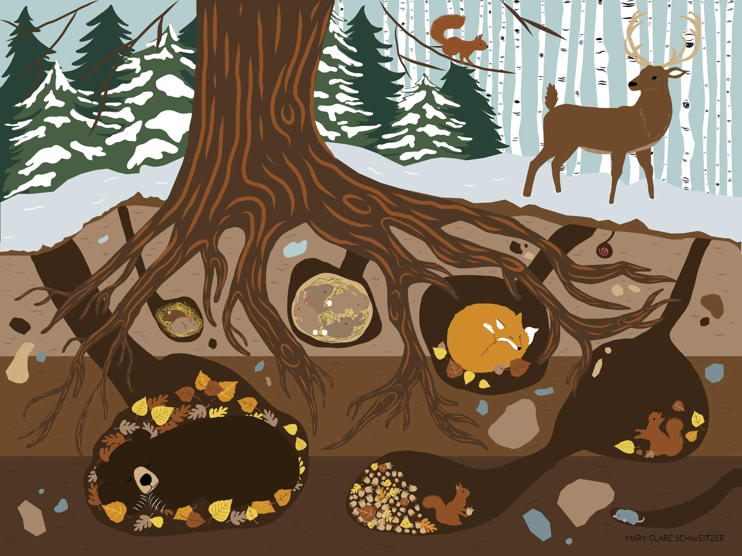 Illustration of a forest scene with a large tree, snow on the ground, and various animals. In the background, there is a deer with large antlers standing, a squirrel on a branch, and a moose. Under the tree roots, animals such as a bear, an owl, a mo