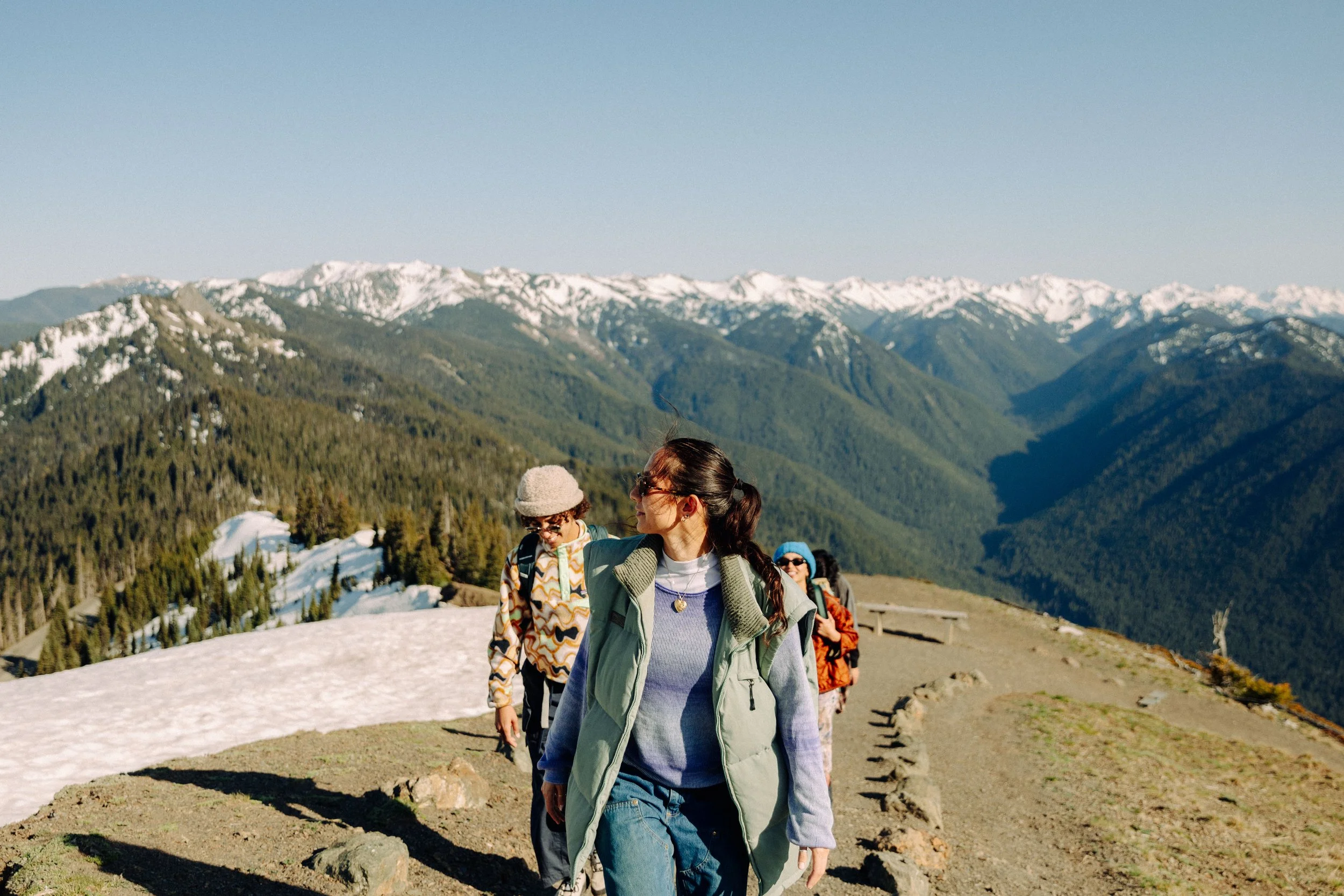 Group of four hikers walking on a mountain trail with snow-capped mountains and lush green forests in the background.