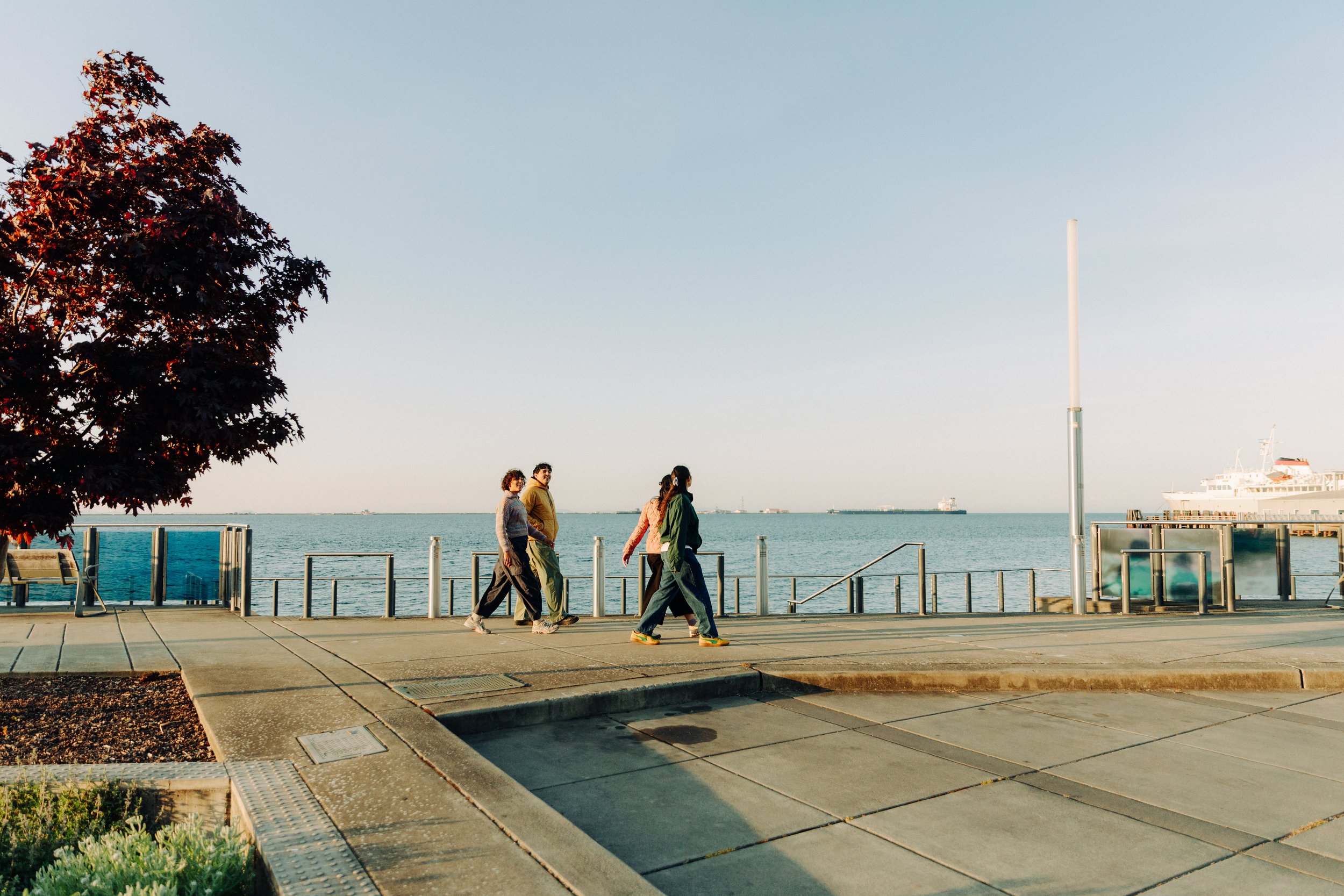 People walking along a port promenade with water and ships in the background during daytime.