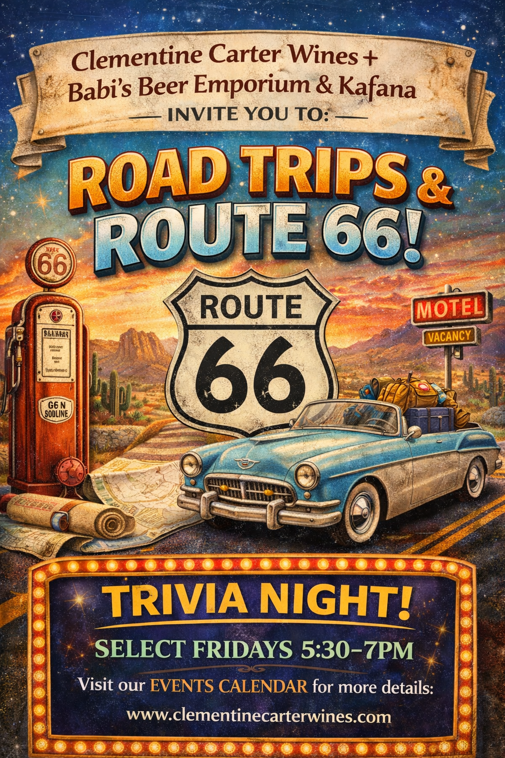 🚗🗺️ Think Fast, Sip Slow Trivia Night! Road Trips & Route 66