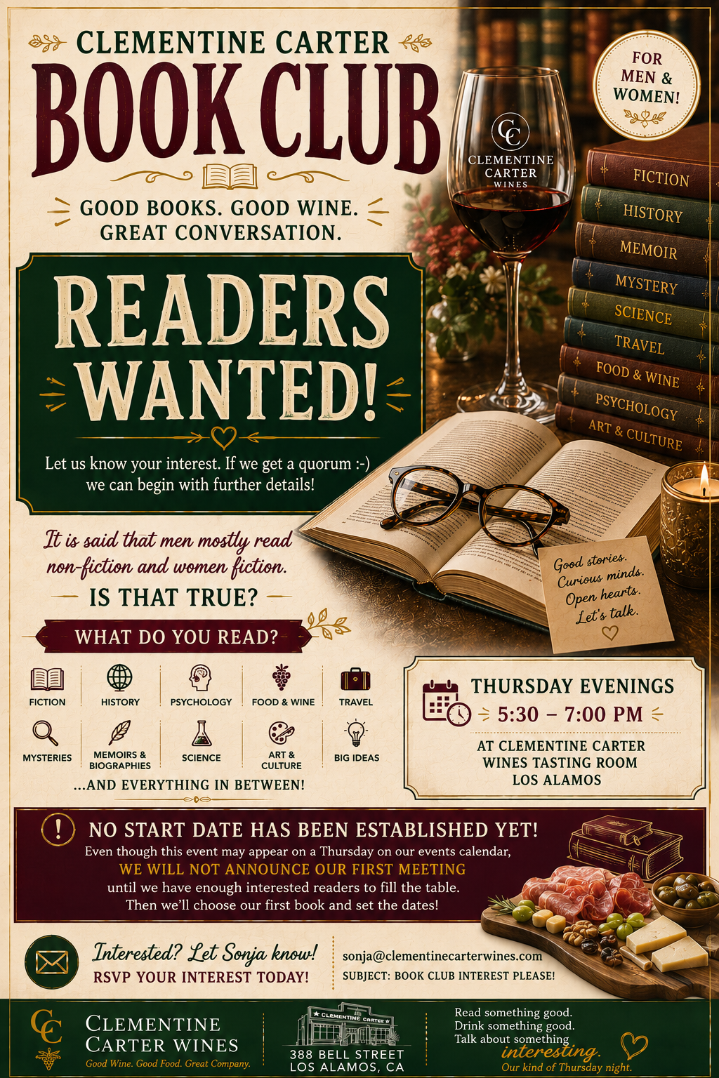 📚🍷 CLEMENTINE CARTER BOOK CLUB 🍷📚 GOOD BOOKS. GOOD WINE. GREAT CONVERSATION.  Readers wanted!