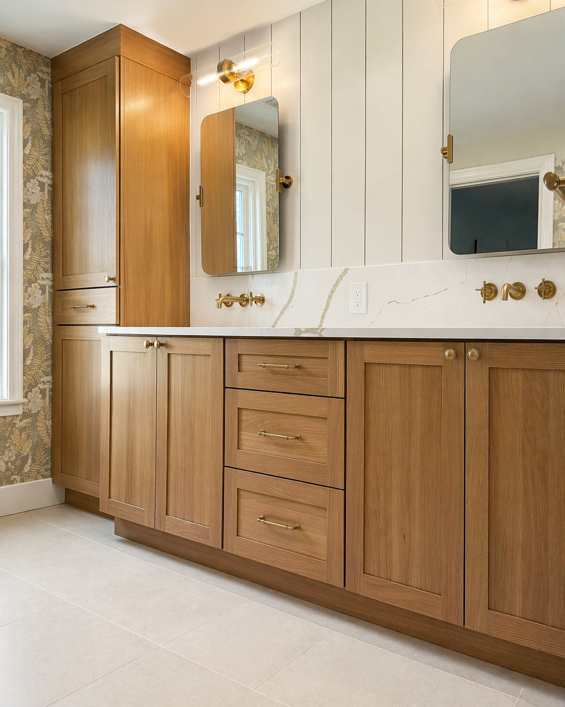 Bathroom remodel white oak vanity brass fixtures