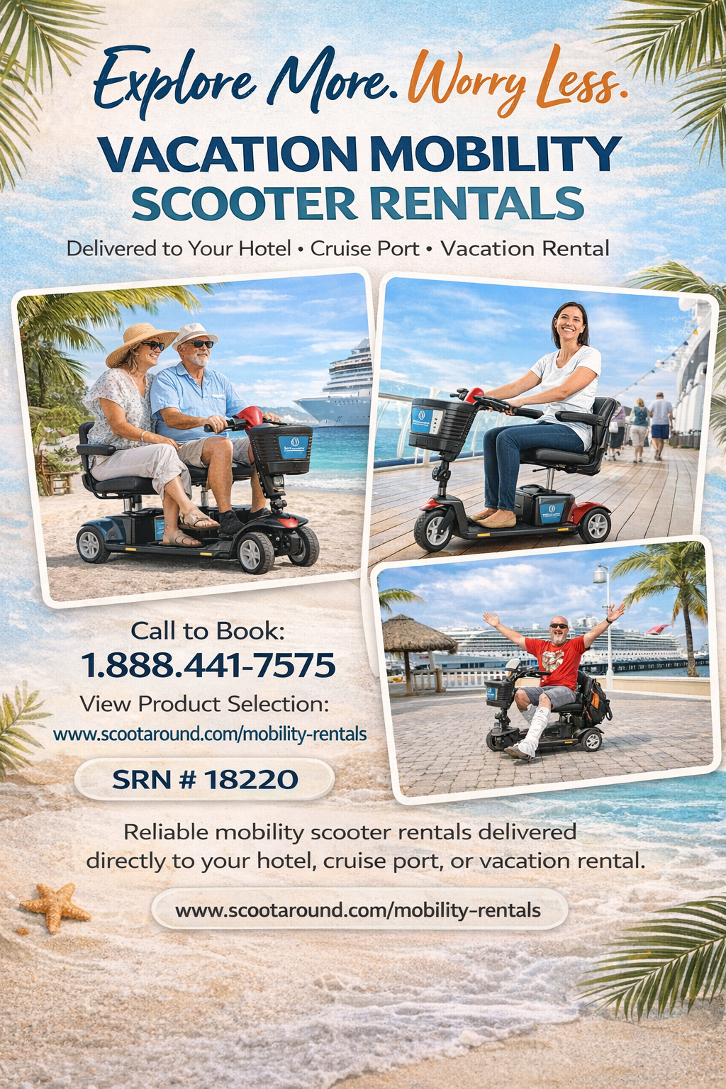Vacation mobility scooter rentals delivered to hotel cruise port or vacation rental