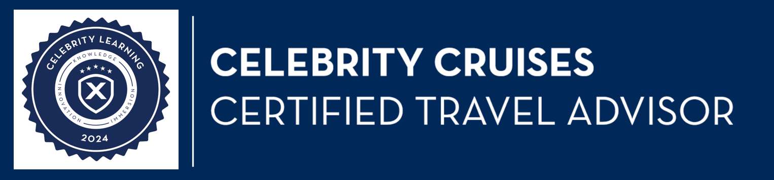 Logo for Celebrity Cruises Certified Travel Advisor with a blue background and a circular badge saying 'Knowledge, Innovation, Immersion, 2024'.