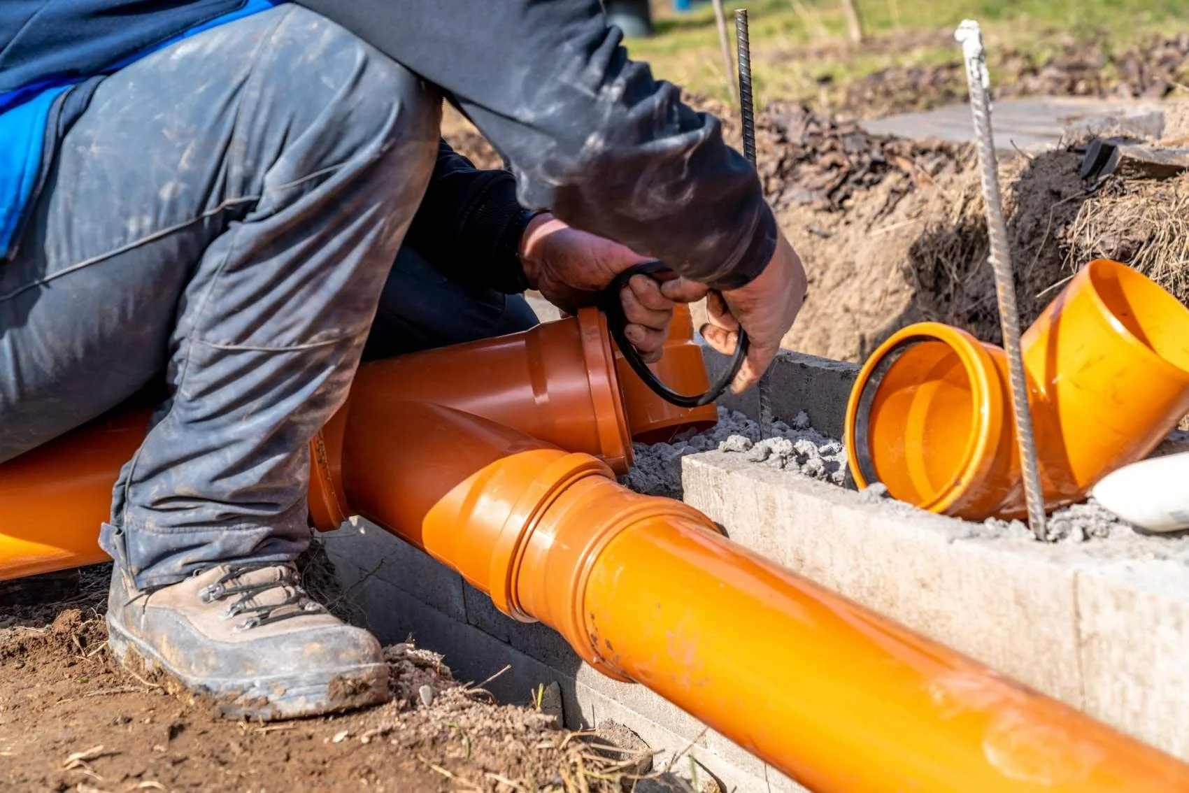 A worker installing or repairing orange underground pipes in a construction site.