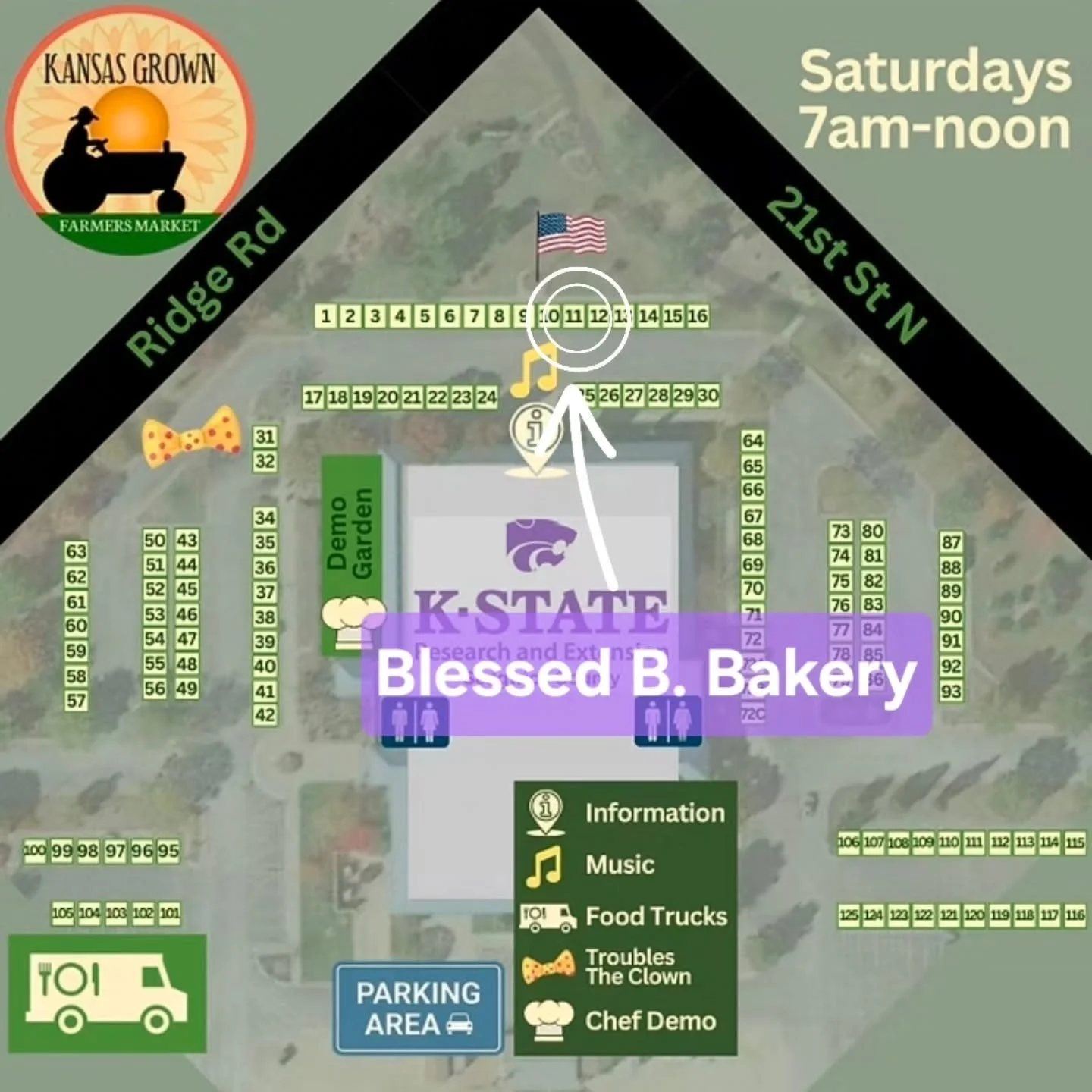 Hello, all! We will be at the #kansasgrownfarmersmarket at 21st and Ridge from 7am to noon! We will have: 

- Cinnamon Rolls
- Brownies
- Coffee Cake
- Apple Crisp
- Blueberry Scones
- Mixed Berry Scones
- Cranberry Scones
- Coffee Scones 
- Banana B