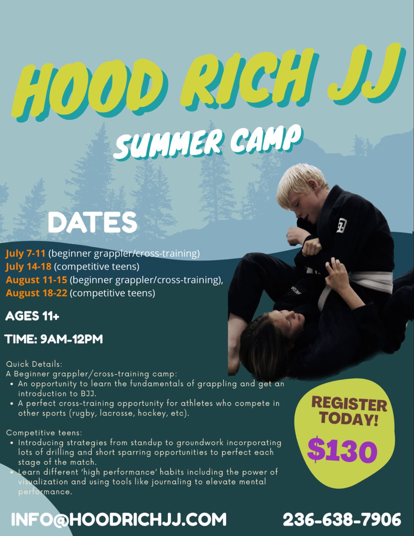 ATTENTION PARENTS π’βοΈπΆοΈπ΄
Hood Rich JJ will be hosting summer camps this year!
Please text or email us if you’re interested in reserving a spot!
DATES: π
•July 7-11 (beginner grappler/cross-training)
•July 14-18 (competitive