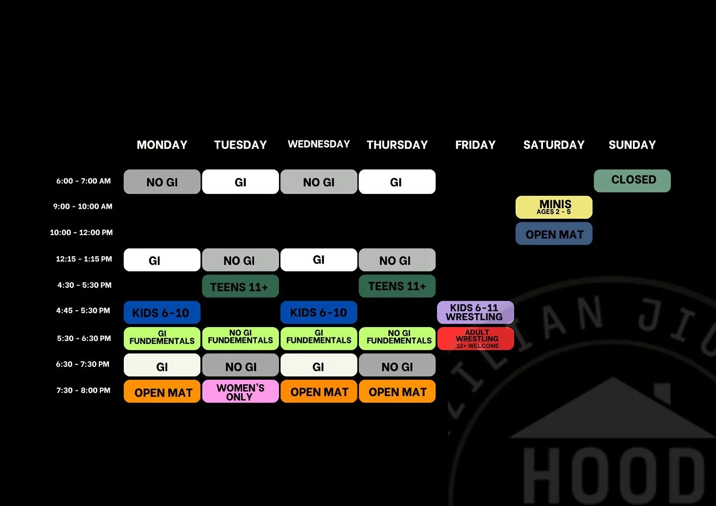 NEW SCHEDULE! π₯
Be sure to take a screen shot πΈ
TIME CHANGES:
•KIDS- Monday & Wednesday @4:45-5:30pm
•TEENS- Tuesday & Thursday @5:30-6:30pm
ADDITIONAL CLASSES π₯
•GI FUNDAMENTALS- Monday & Wednesday @5:30-6:30pm