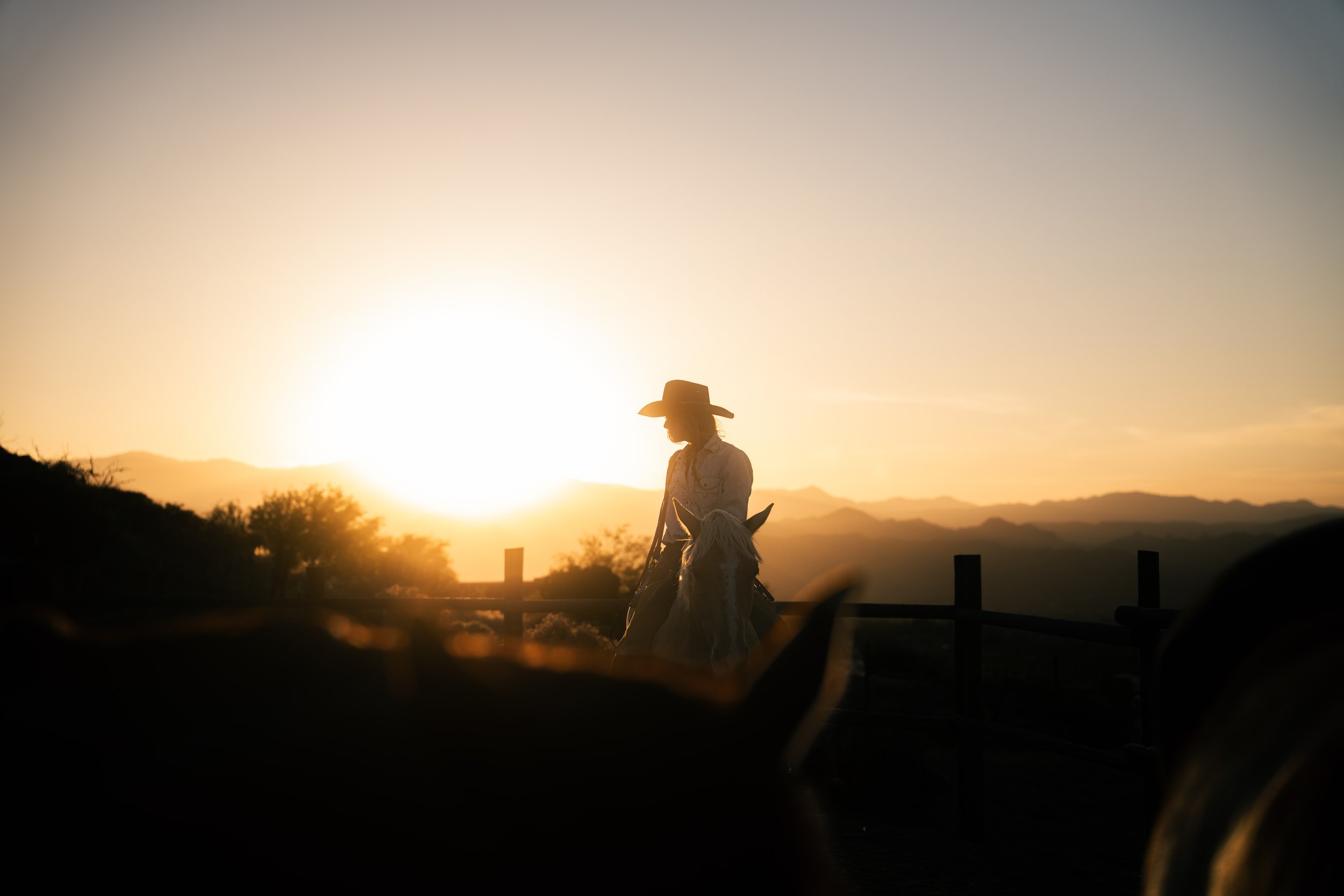 cowgirl on horse at sunset