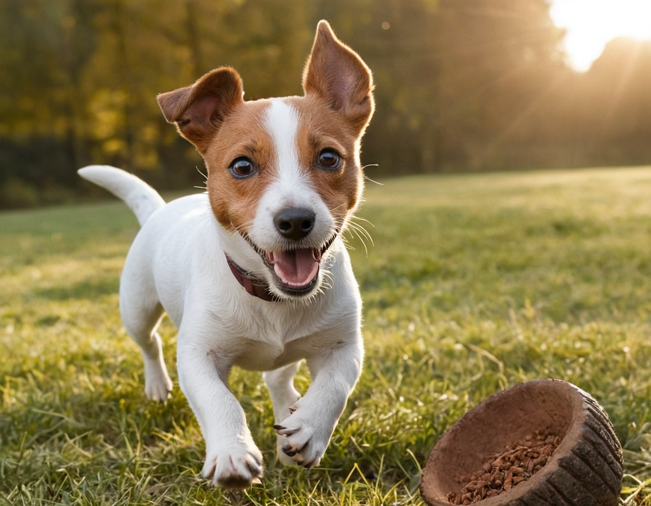 A joyful puppy running on grass next to a broken clay pot with soil and small plants, during sunset or sunrise in a park.