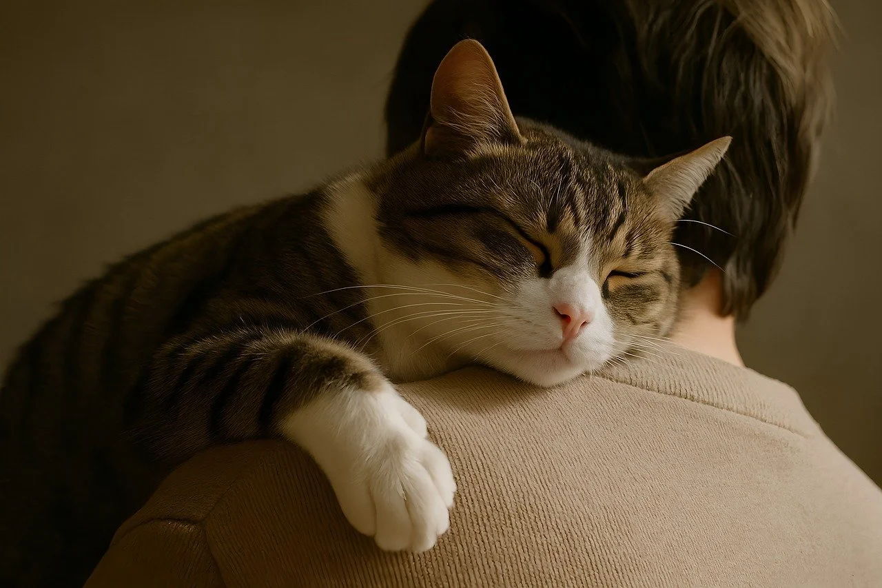 A sleeping tabby cat resting on a person's shoulder.