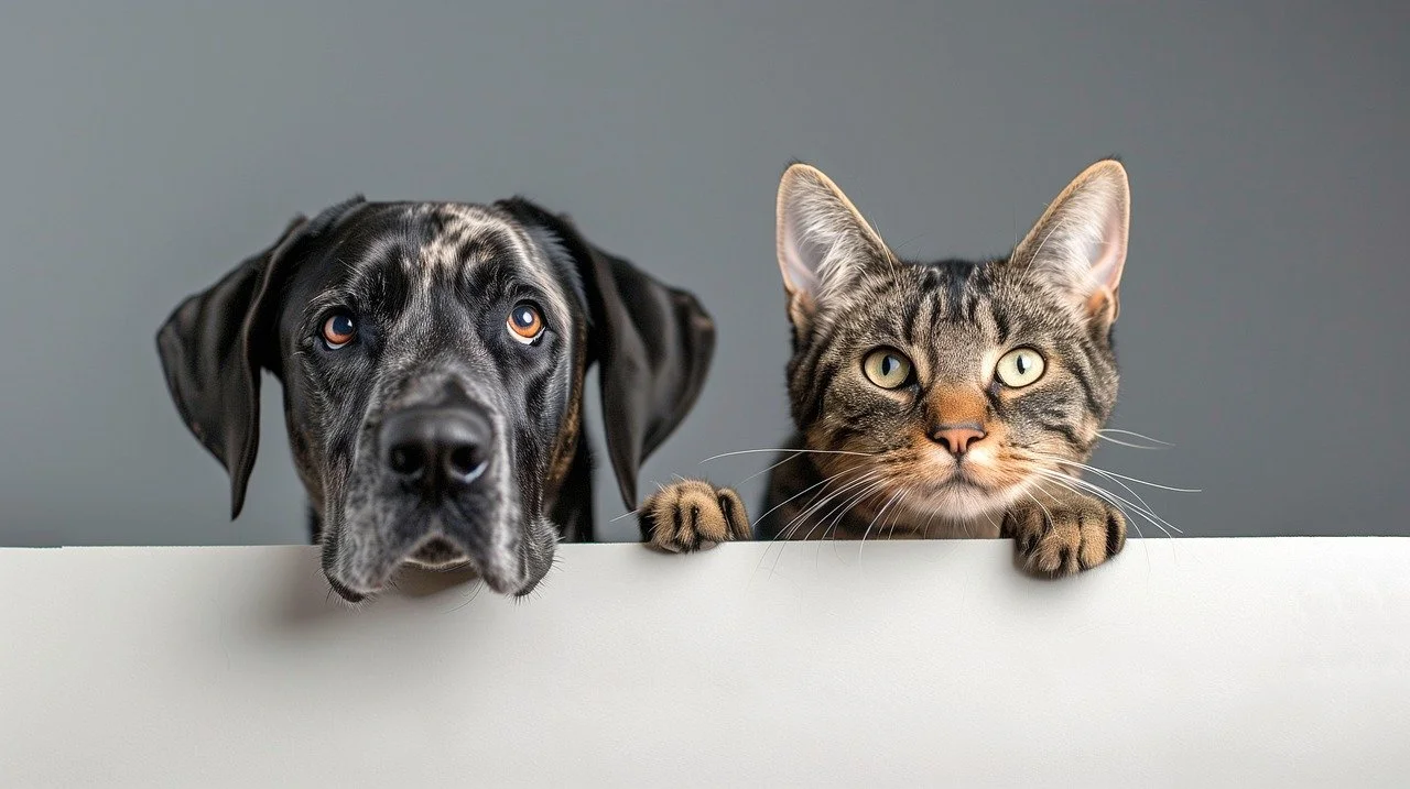 A dog and a cat peeking over a white surface against a gray background.