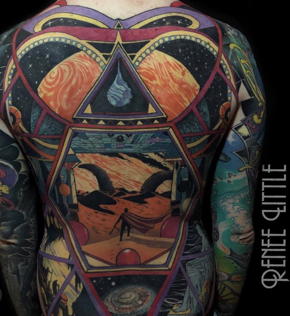 Full color tattoo of Dune vintage poster art