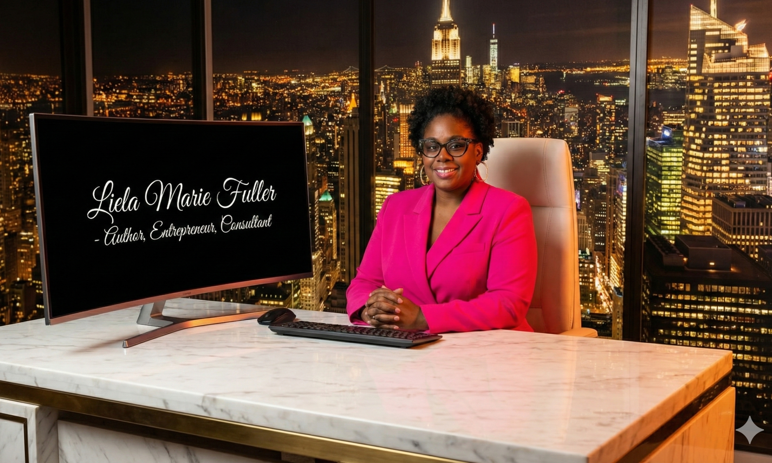 A professional woman sitting at a desk in a high-rise office with a city skyline at night in the background. She is wearing a bright pink blazer, glasses, and earrings, smiling at the camera. On the desk, there is a curved computer monitor displaying her name, Liela Marie Fuller, and titles 'Author, Entrepreneur, Consultant.'