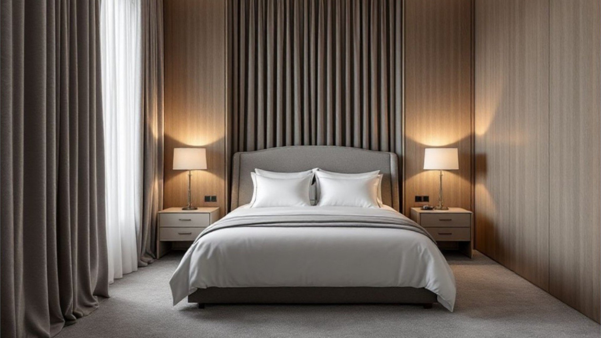 Modern bedroom interior with a bed, two bedside tables, and lamps, surrounded by floor-to-ceiling curtains.