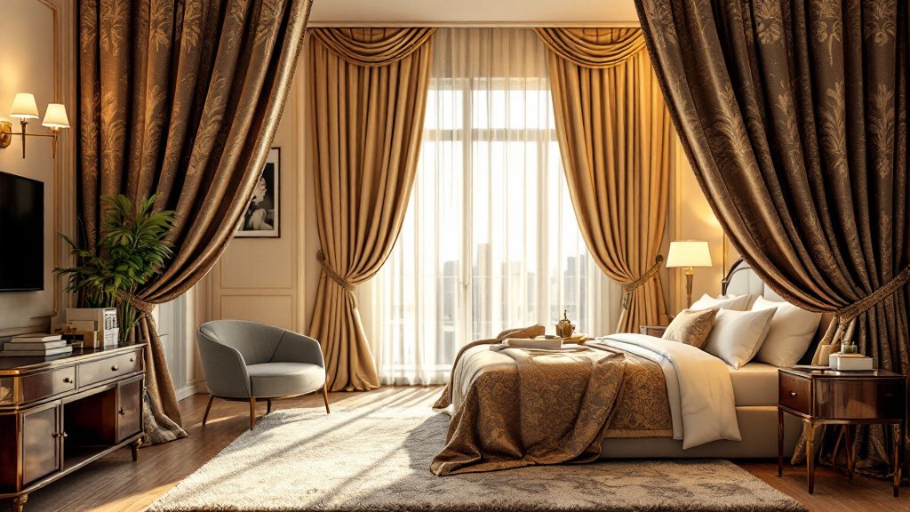 Elegant bedroom with luxurious drapes, large windows, plush bedding, a cozy chair, and wooden furniture.